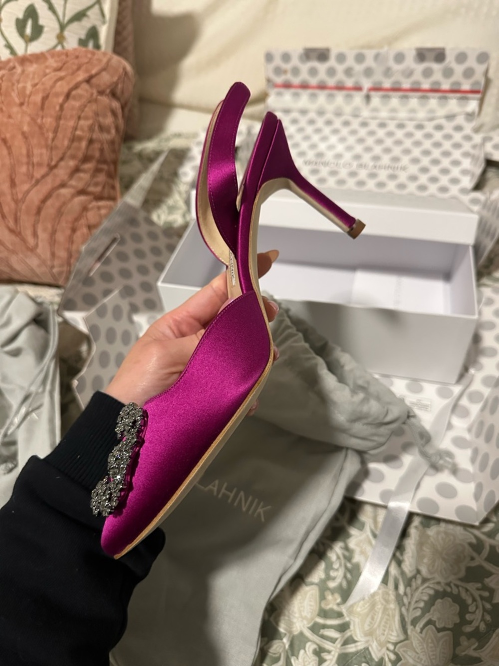 Manolo Blahnik Hot Pink Satin Slingback Pumps with Crystal Square Buckle - Picture 4 of 7
